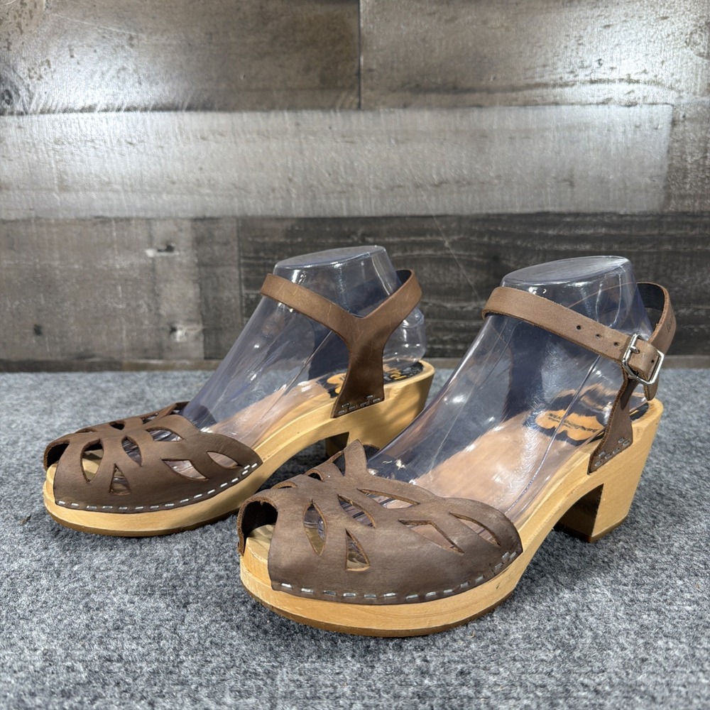 Swedish Hasbeens Clogs EU 39 US 8.5 Sandals Brown Leather Peep Toe Ankle Strap